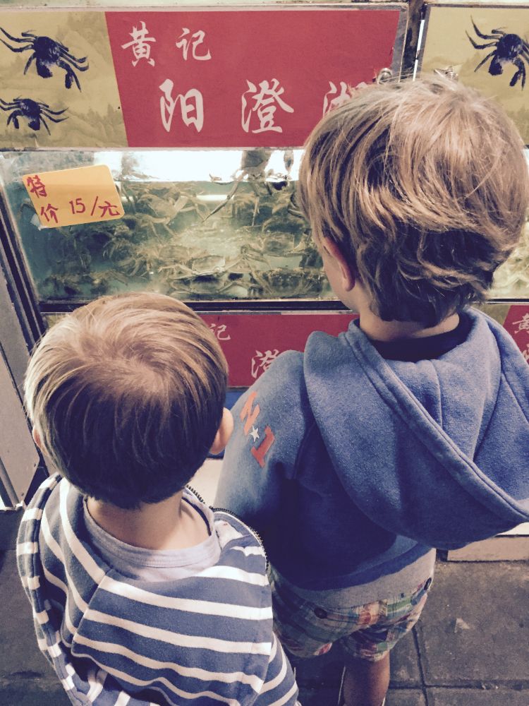 Max and Rex at a market in Shanghai